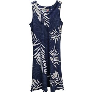 Hilo Hatties 100% Silk Blue Palm Leaf Print Tropical Sleeveless Dress, EUC, SzXS